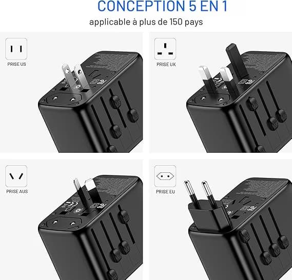 Adaptateur universel VYLEE — ports multiples pour recharger à l'hôtel et à l'étranger